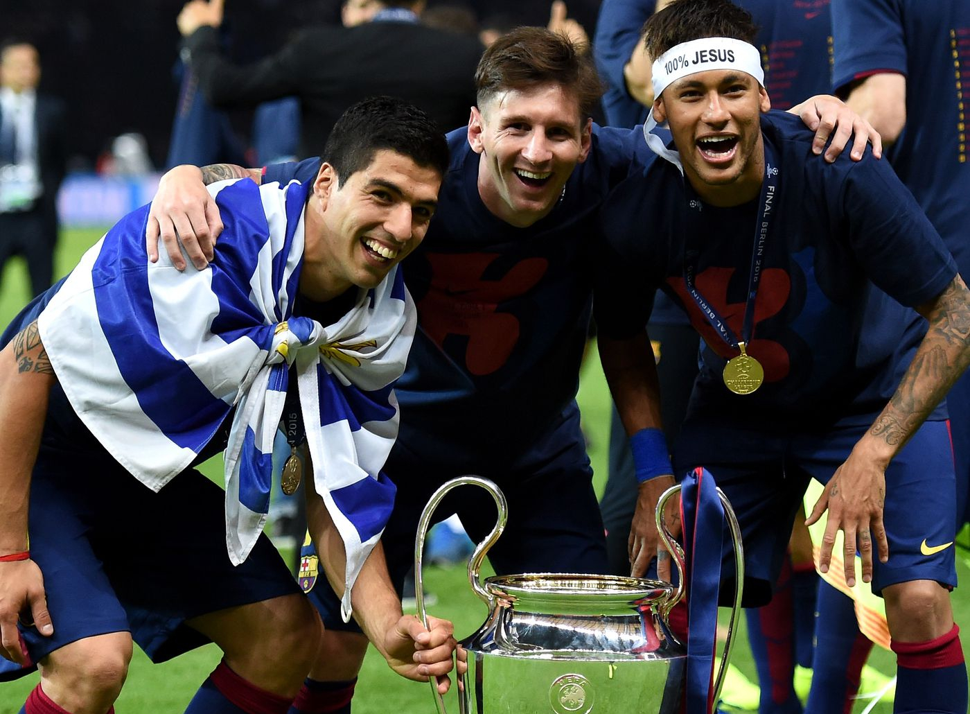 Suarez, Messi and Neymar celebrate victory after the 2015 Champions League final, Barca won 3-1 against Juventus, at Olimpia Stadium, Berlin, Germany. Photo: FCB